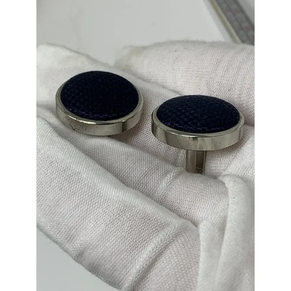 Woven Navy Fabric With Silvertone Hardware Cufflinks Set